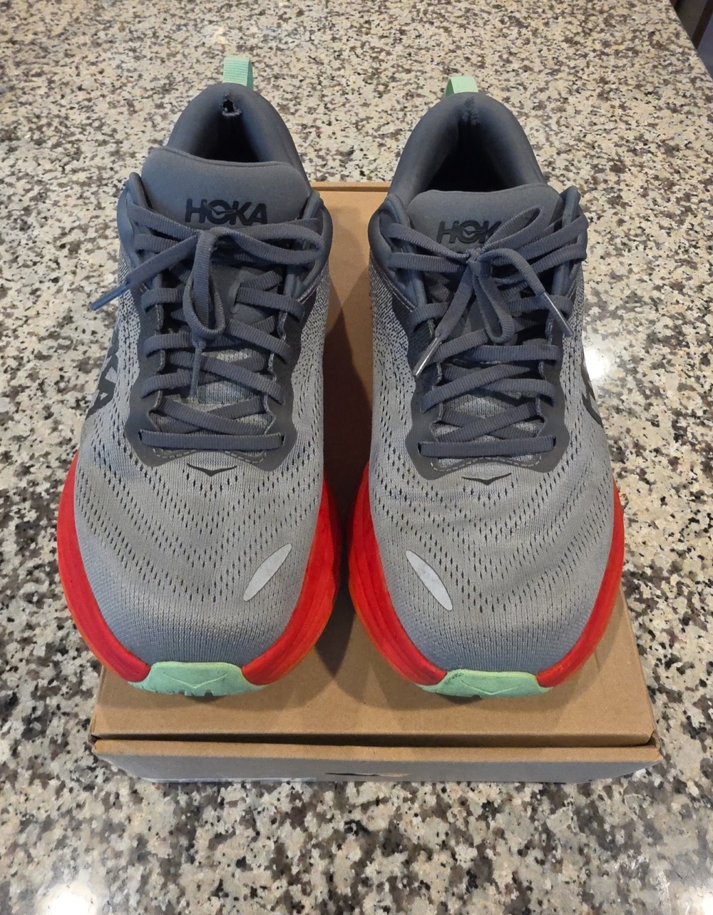 Hoka Men's Gray and Red Running Shoes with Mint Accents Bondi 8
